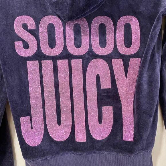 Juicy Couture Velour Hoodie “SOOOO JUICY” Glitter Logo Navy Purple Size P Small - Picture 9 of 12